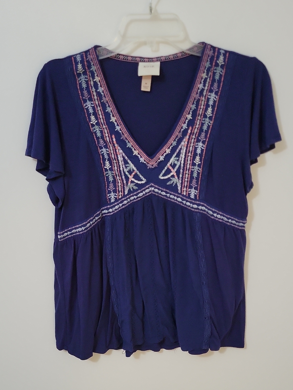 Knox Rose Boho Embroidered V-Neck Flutter Sleeve Top, Size Medium